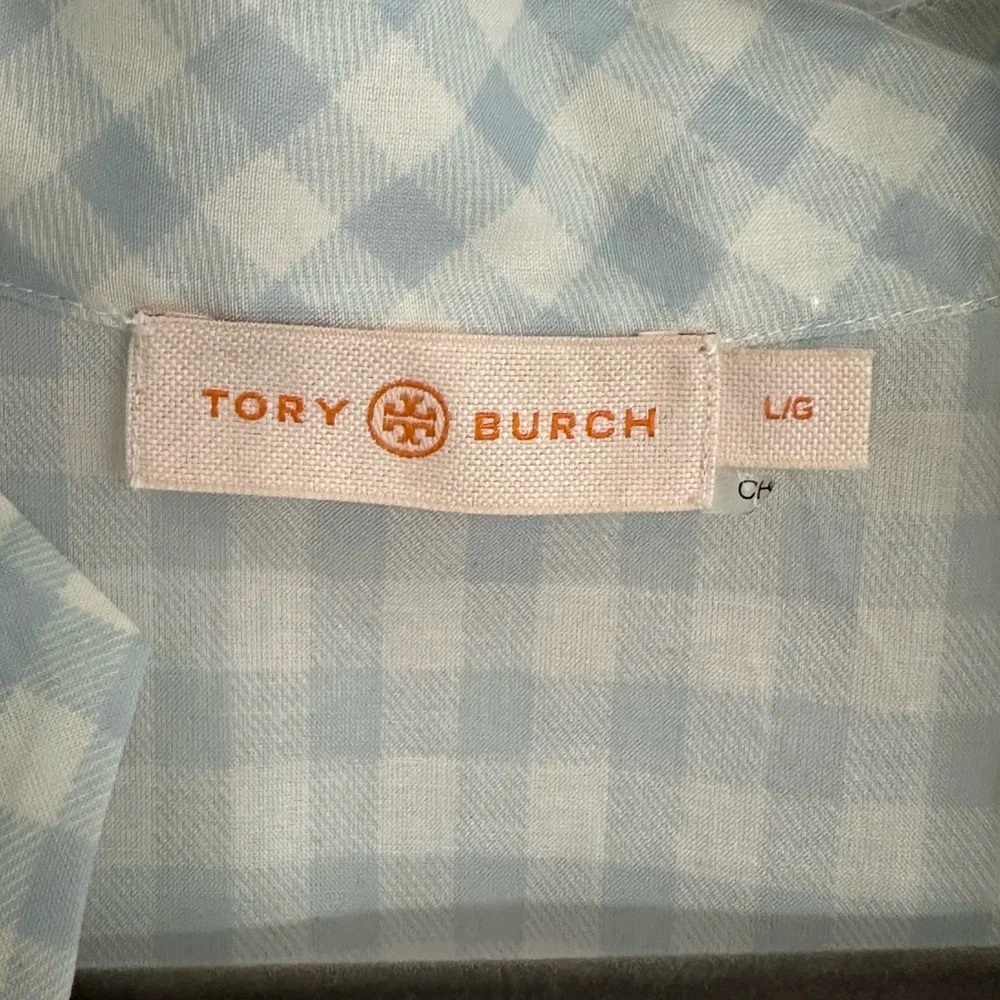 Tory Burch Light Blue & White Gingham Long Sleeve Drawstring Dress